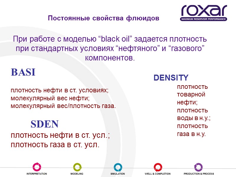 Постоянные свойства флюидов BASI          плотность